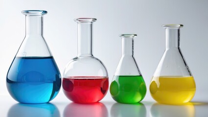 Different laboratory glassware containing vibrant liquids set against a white background.