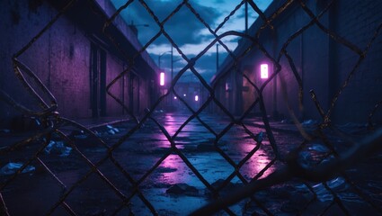 View of a dirty, futuristic, dark urban back alley at nighttime through a chain link fence.