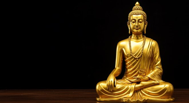Mahavir Jayanti. Poster banner golden metal of Lord Mahavira meditating with dark on black background copy paste text space indian festival