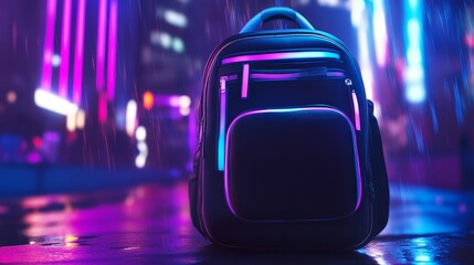 Stylish black backpack illuminated by neon light in a rainy urban environment at night