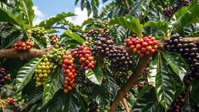 Dry coffee beans on the tree because of disease. Coffee farmers are unable to harvest. Coffee suffers from pests and disease.