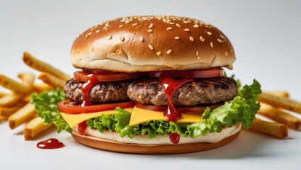 Close-up of a delicious burger set against a white background, accompanied by french fries and the burger with meat, preparation of a burger. Junk fast food.