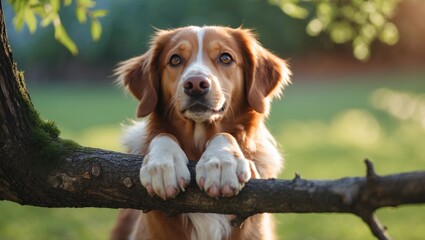 Dog paws resting on tree