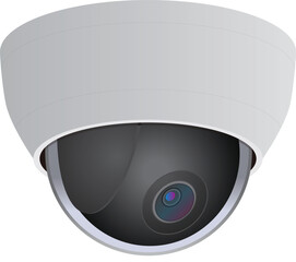 Security camera, dome camera, surveillance device, white plastic casing, black lens, blue tint, ceiling-mounted, indoor security, high-resolution, wide-angle lens, commercial grade, modern technology © Pujan
