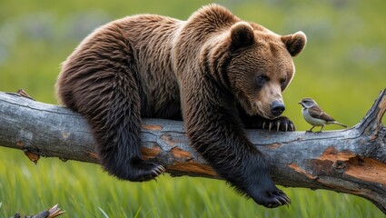 Fototapeta premium Curious brown bear cub explores a snag.