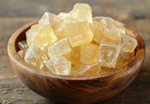 Golden Rock Sugar Cubes in Wooden Bowl on Rustic Wooden Table for Culinary, Baking, and Food Photography Use