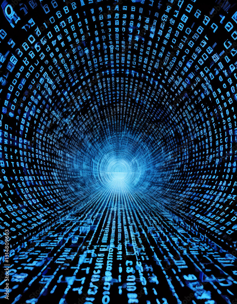Poster a glowing blue tunnel filled with flowing data and code, creating a futuristic, high-tech atmosphere