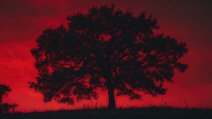 Fototapeta premium Silhouette of a tree against a nighttime red sky from the rear.