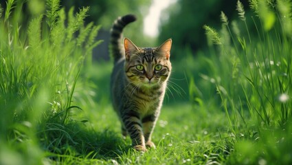Nice cat strolls through the green grass.
