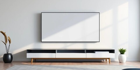 Blank large TV screen mounted on modern living room wall above minimalist console table, wall mounted,  interior design