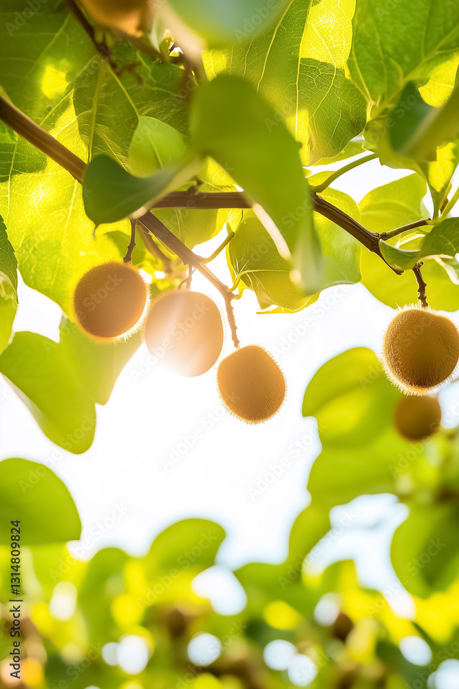 Poster beneath a canopy of kiwi vines, clusters of fuzzy fruits catch the soft morning light. this unique p
