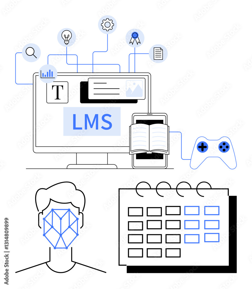 Poster lms screen displaying tools, book, game controller, calendar, user interface, and icons for educatio