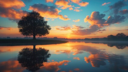 Fototapeta premium Reflection of a stunning dawn sky in a river.