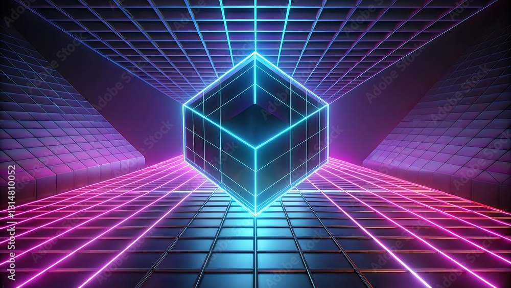 Poster retro neon cube in a grid. synthwave, 80s style.