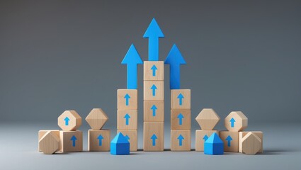 Block tower of arrows and additional blocks. Growth, development progress concept. Achieving success. Career advancement. Step by step. Skill enhancement. Progress and moving forward. Goal attainment.