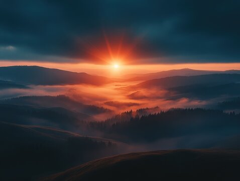 Majestic mountain landscape with vibrant sunrise casting a warm glow over misty valleys and rolling hills creating a serene and peaceful atmosphere - Powered by Adobe