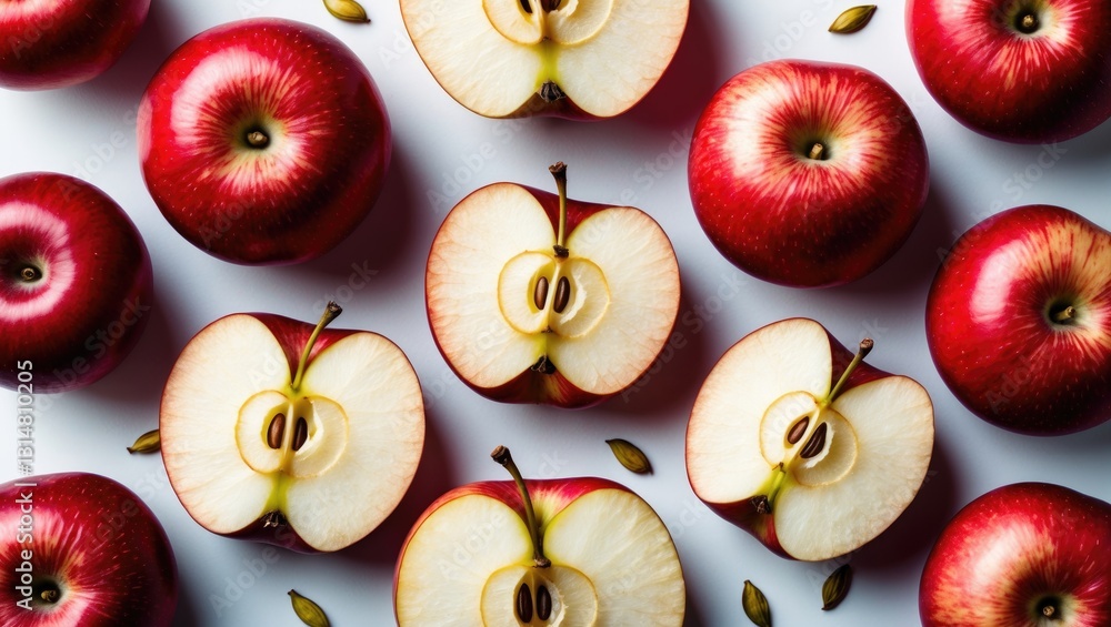 Aufkleber red apple with sliced collection pattern isolated on a background. clipping path.