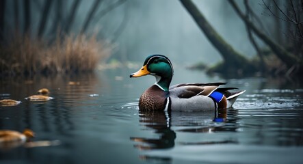 Obraz premium Duck in a lake. Gray duck drifting on the water.