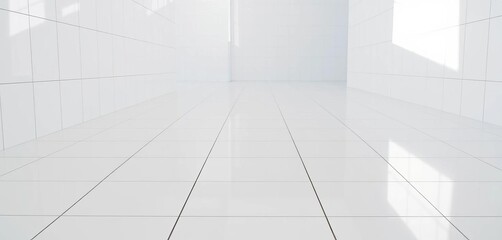 Clean, shiny white tile floor in perspective; grid lines, copy space, interior, copy space