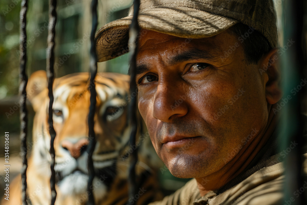 Poster zookeper watching and learning about various animals in a wildlife park generative ai