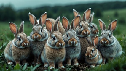 Fototapeta premium Bunch of adorable, fluffy, healthy bunnies with babies set against a green landscape. A close-up perspective of a rabbit.