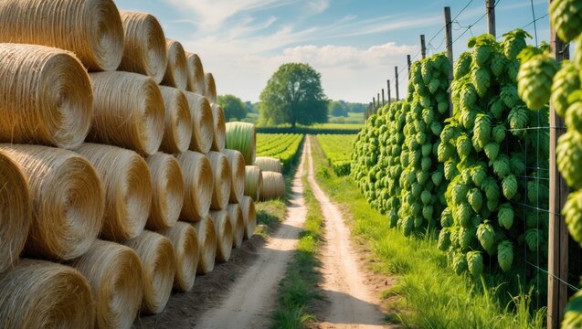 Dirt road situated between a wheat field and a hops field. Agriculture during early summer, cultivating beer ingredients.