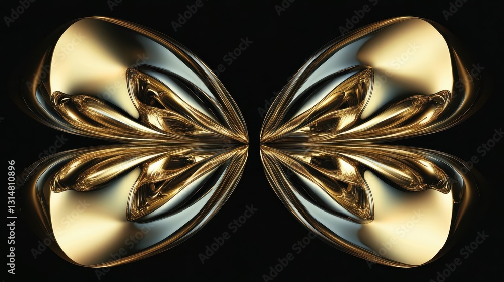 Poster symmetric abstract metallic structure with polished reflective surfaces on black background