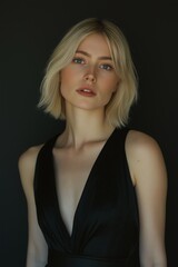 Naklejka premium Beautiful blonde woman in black dress. Pictorial feel. Model.