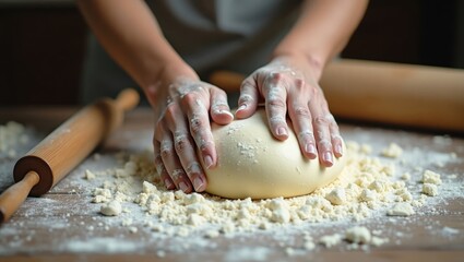 Fototapeta premium Hands engaged with a rolling pin on dough dusted with flour. The image showcases the classic baking process, emphasizing a rustic home cooking atmosphere.