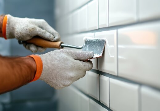 Hands of a Worker Applying Grout to White Subway Tiles with a Trowel in a Renovation Project for Home or Commercial Space Improvements