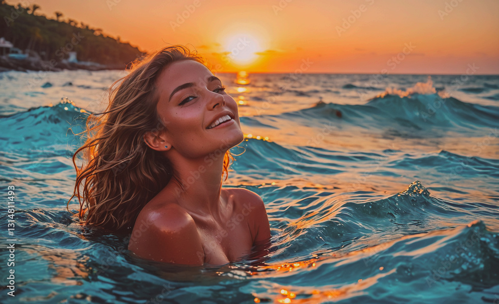 Aufkleber woman is in the ocean, smiling and enjoying the water. the sun is setting in the background, creatin