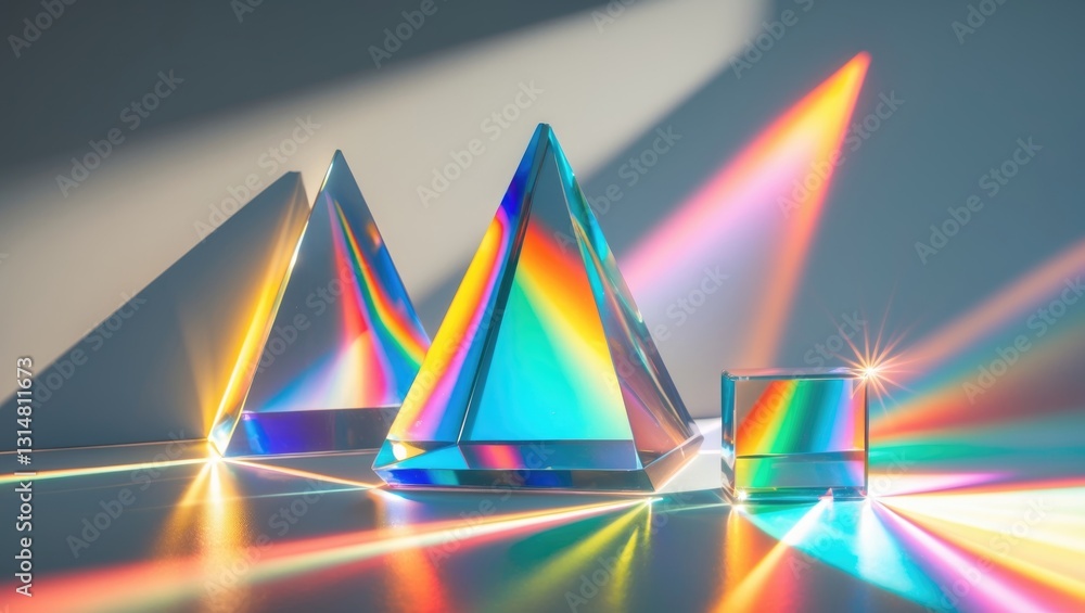 Aufkleber glass geometric shapes prisms exhibiting light diffraction of spectrum colors and intricate reflecti