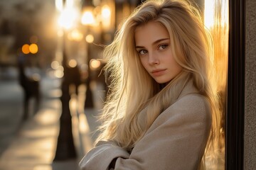 A beautiful blonde woman poses on the street. Photoshoot feel. Model.