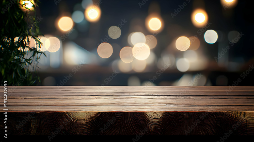 Aufkleber empty rustic wooden table top with warm festive bokeh lights blurred background for product display 