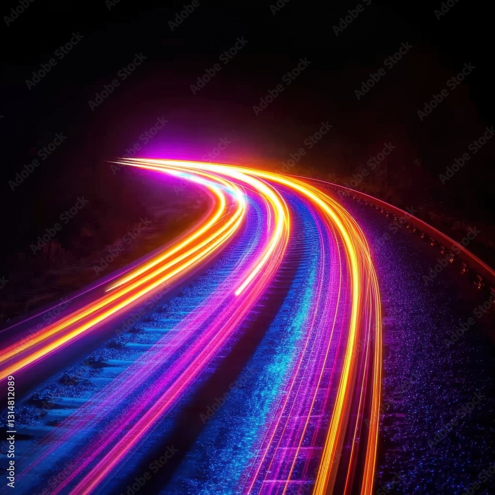 Poster vibrant railroad tracks illuminated by light trails at night creating a captivating visual experienc