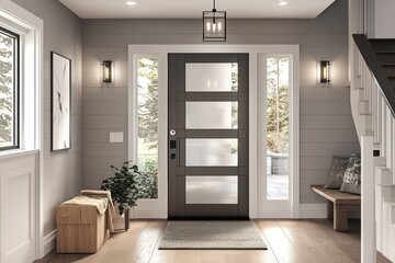 Trendy 2025 color paints modern door with glass features at elegant entrance.