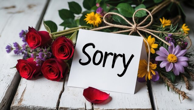Handwritten care message saying sorry with arrangement of red rose flowers on a background of white wooden surface.