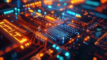 Obraz premium Illuminated Circuit Board: A Close-Up of Technological Marvel