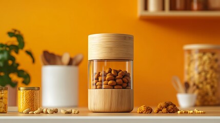 Modern Kitchen Storage: Bamboo and Glass Canister Filled with Almonds