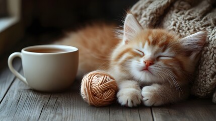 A cute feline portrait shows a domestic cat with milk, coffee, and a red eye