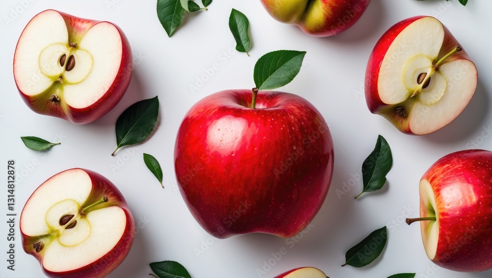 Poster red apple with one half isolated on a white backdrop featuring a clipping path and complete depth of