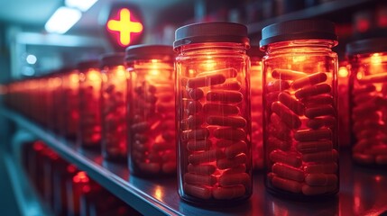 Pharmacy production line, glowing capsules, medical facility