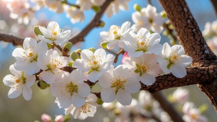 Fototapeta premium Bunch of white flowers and buds on a tree branch. Blossoming flowers on a limb in bright sunlight. White flowers in bloom. Sunlit blossom suitable for wallpaper.