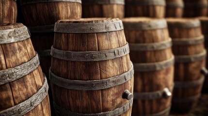 Fototapeta premium Wooden Barrels: A Close Up View