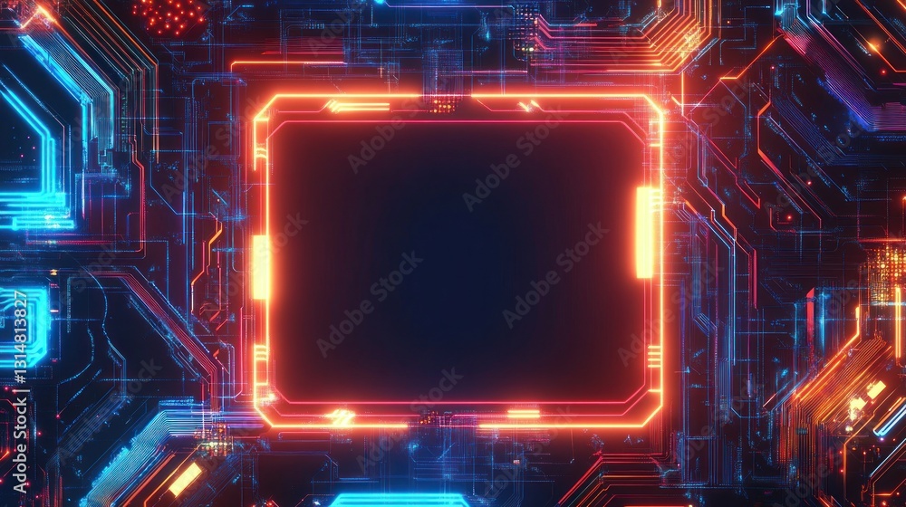 Poster white card with intricate neon glowing circuit pattern, wide area in the middle for mockup backgroun