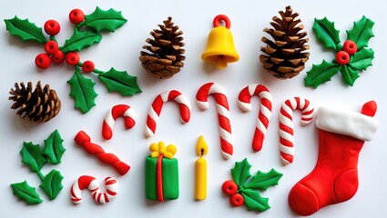 Christmas set created with handmade plasticine. Illustration featuring candy, gift, cone, candle, bell, holly, sock, and branches against a white background.