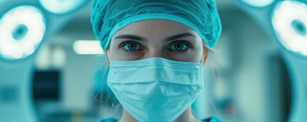 A focused medical professional wearing a mask and surgical attire, ready for surgery in a well-lit operating room.