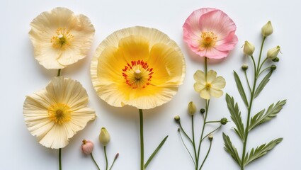 Obraz premium Pressed and dried delicate yellow flowers. Isolated on a white background. Suitable for scrapbooking, floristry, or herbarium use.