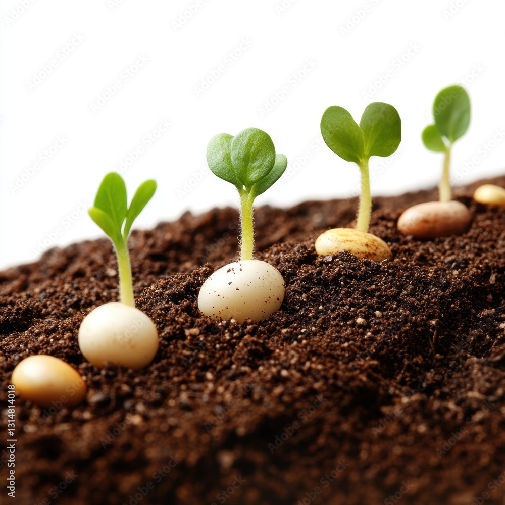 Poster seedling emergence from soil in a developmental sequence representing growth and a fresh start in th