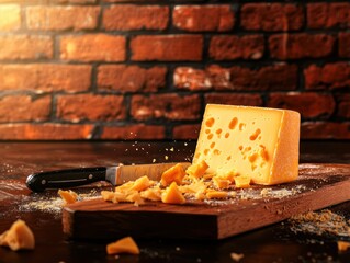 Block of cheddar cheese on a wooden board, with a knife and crumbs in a kitchen with a brick wall, golden and sharp in a savory dairy scene